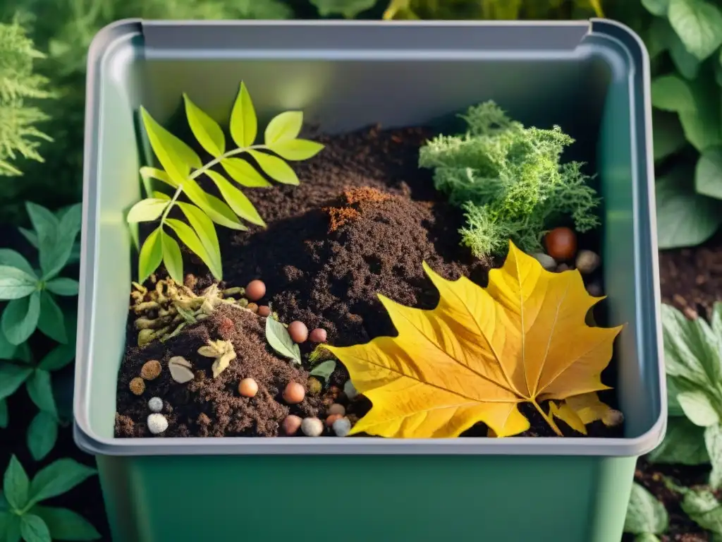 Compostaje de residuos orgánicos en jardín: variedad de materiales en proceso de descomposición bajo la luz del sol