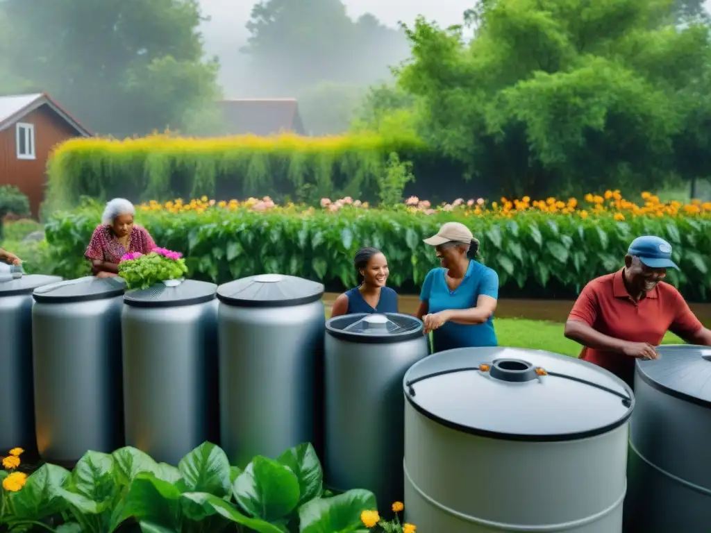 Una comunidad diversa recolectando agua lluvia de forma sostenible entre árboles y flores vibrantes