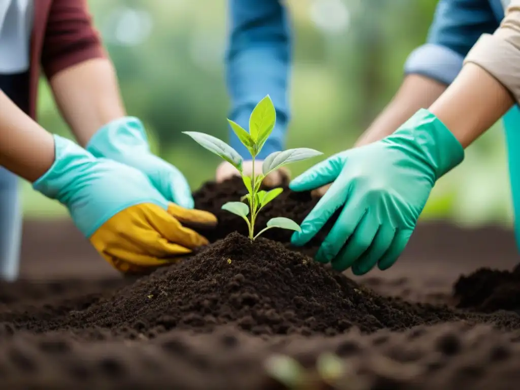 Comunidad diversa plantando árboles en parque verde