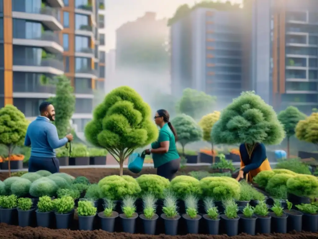 Comunidad diversa plantando árboles en vecindario urbano, reflejo de políticas de vivienda verde y transformación social