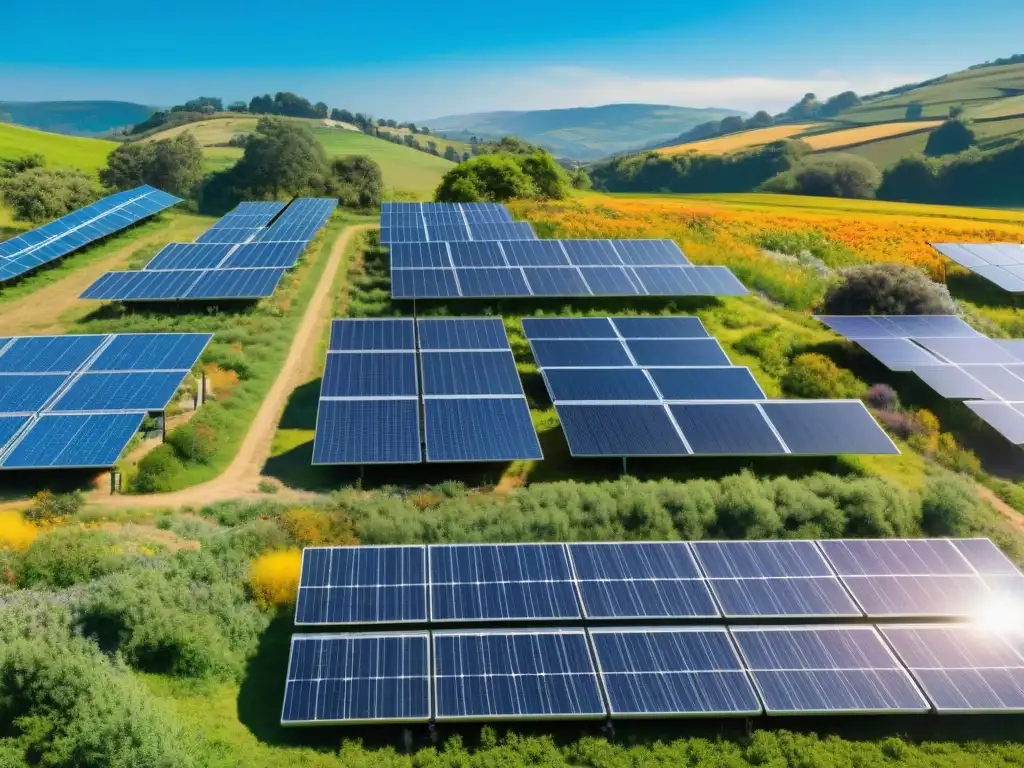 Una comunidad diversa se une en un campo soleado con paneles solares, mostrando armonía y sostenibilidad