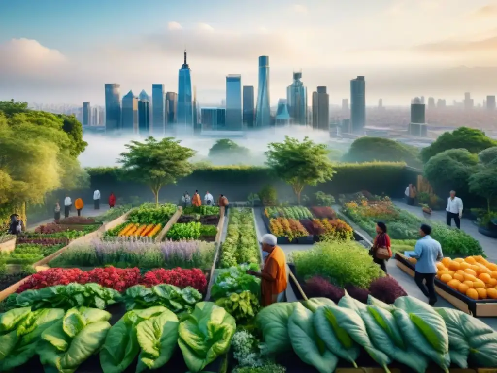 Una comunidad diversa disfruta de un jardín orgánico frente a la ciudad