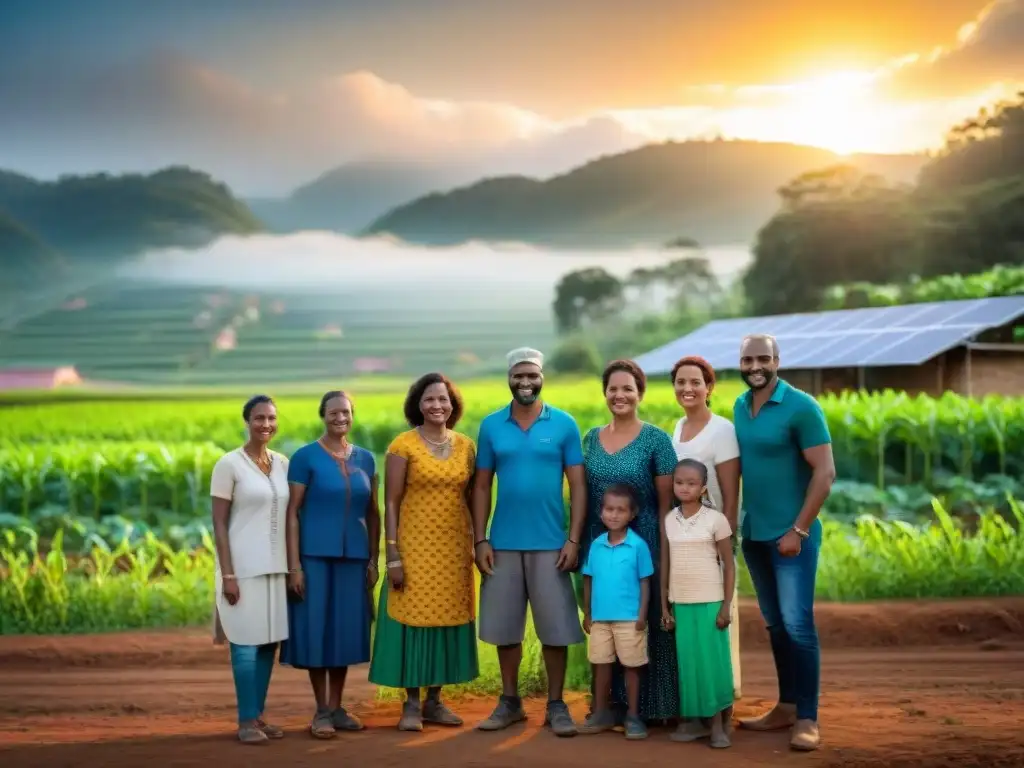 Una comunidad diversa se une frente a una microred de energía sostenible en un pueblo rural al atardecer, transmitiendo unidad y progreso