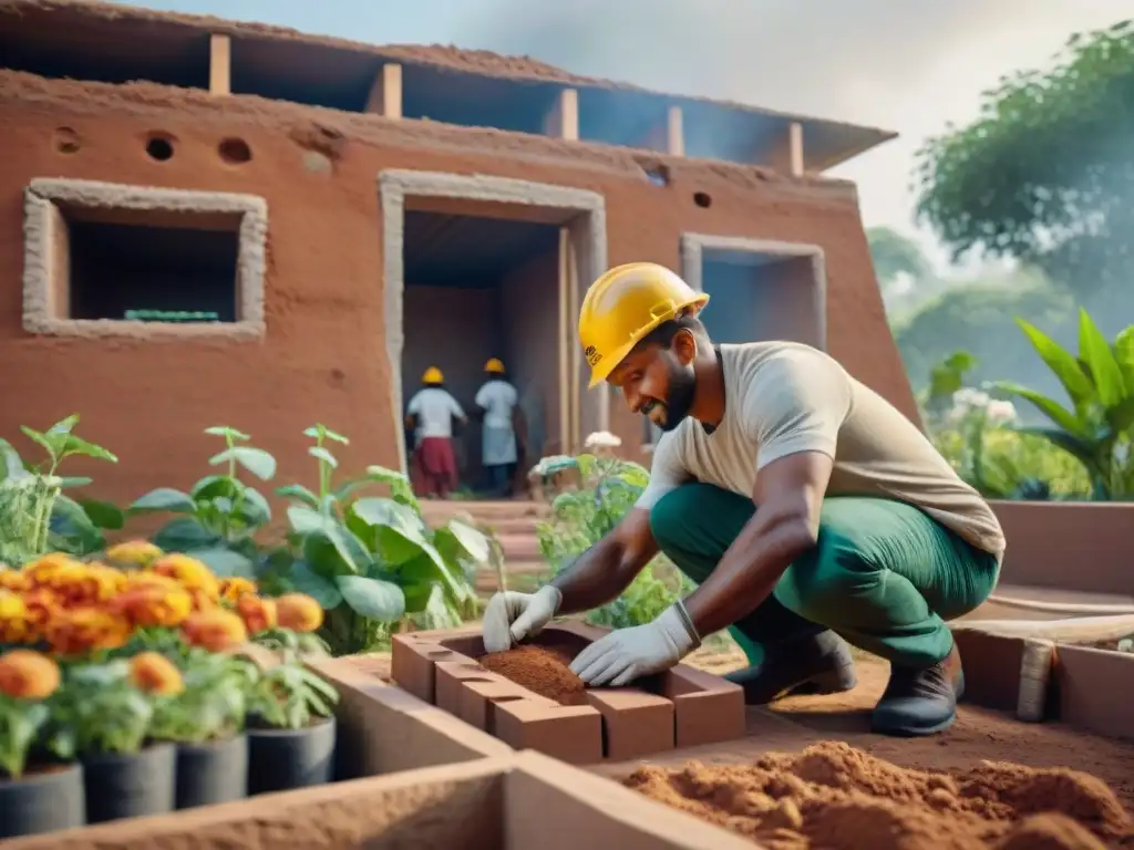 Una comunidad diversa construye una hermosa casa de tierra en armonía, reflejando la bioconstrucción estética