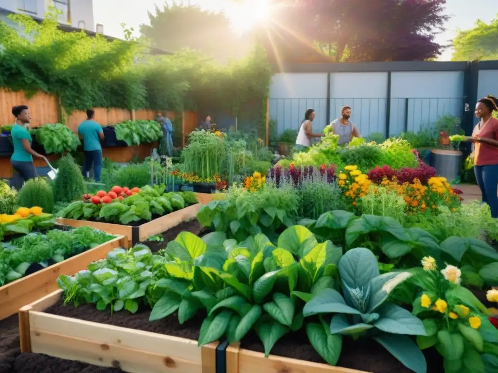 Una comunidad diversa cultiva un huerto urbano vibrante, lleno de frutas, verduras y flores, en camas elevadas hechas de materiales reciclados