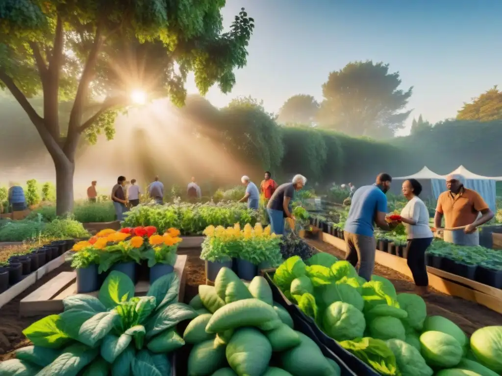 Una comunidad diversa cultiva un jardín sostenible al atardecer