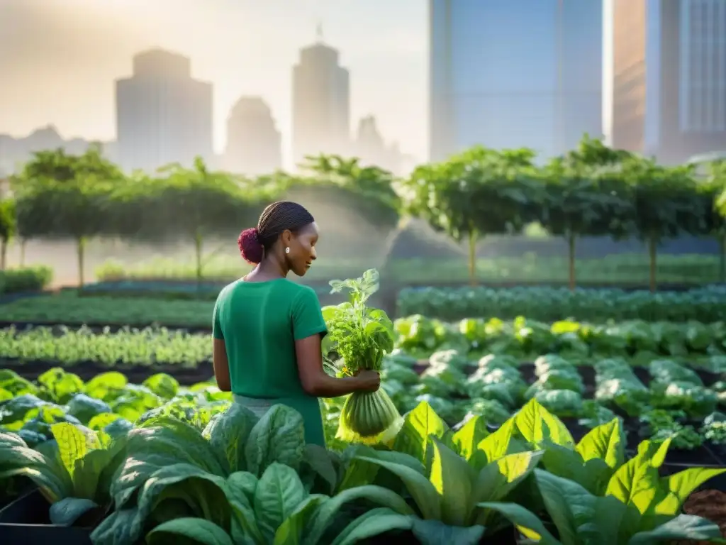 Una comunidad diversa de jardineros urbanos cuida huertos verdes con eficiente riego en armonía con la vida urbana