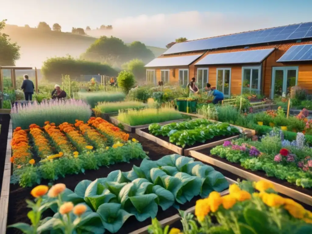 Una comunidad diversa cuida juntos un jardín en flor