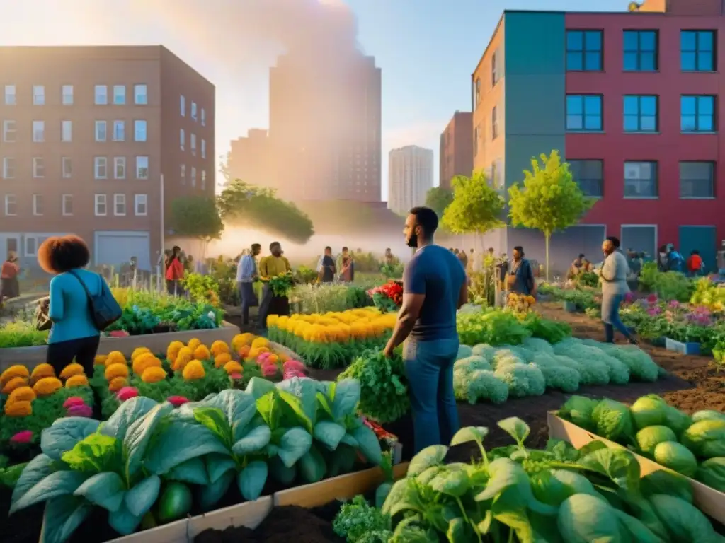 Una comunidad diversa transforma un solar en huerto productivo con flores y árboles frutales al atardecer, reflejando crecimiento y unión