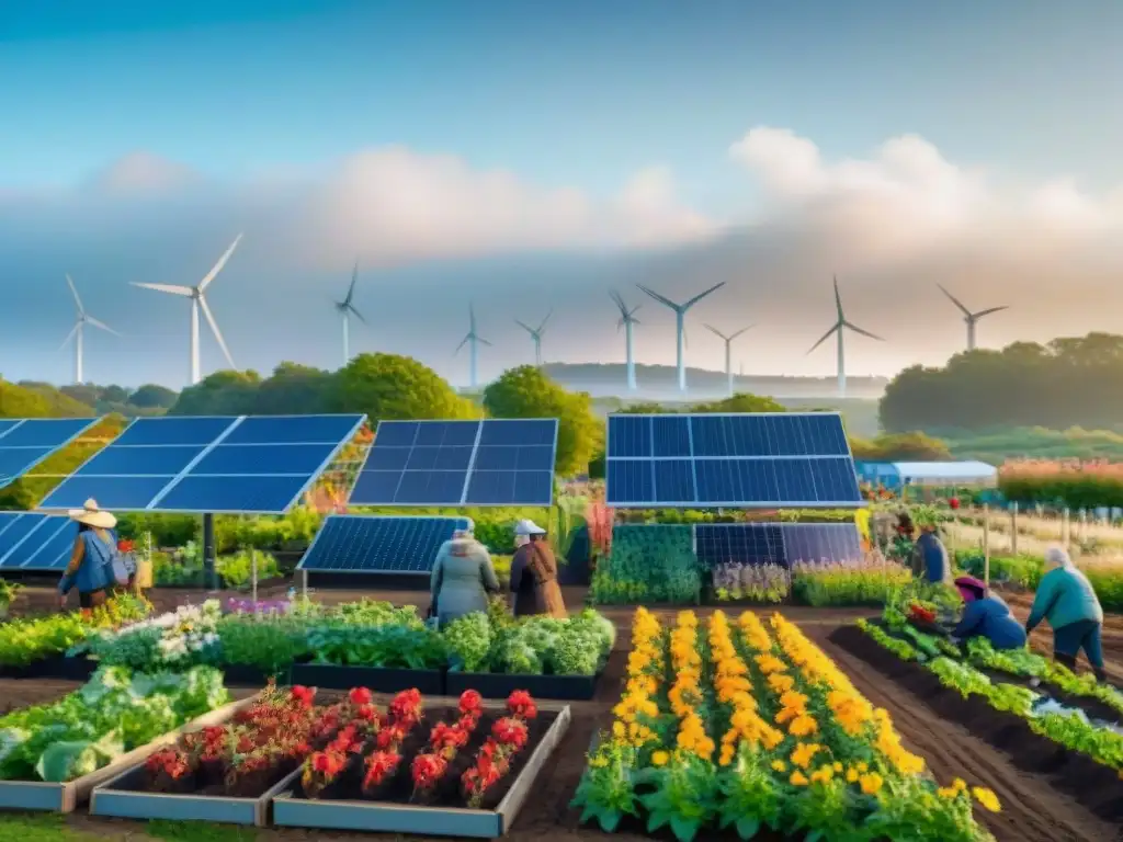 Una comunidad diversa en un jardín sostenible con paneles solares y molinos eólicos