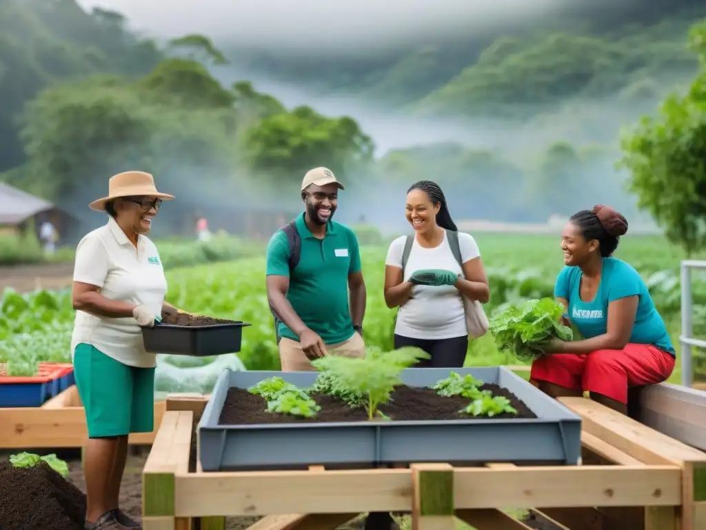 Una comunidad diversa participa en un taller ambiental en la arquitectura sostenible del GreenFoods, abrazando la sostenibilidad y el planeta