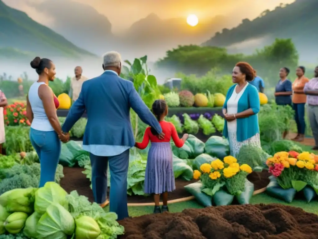 Una comunidad diversa y unida en un jardín sostenible al atardecer, mostrando resiliencia en comunidades sostenibles