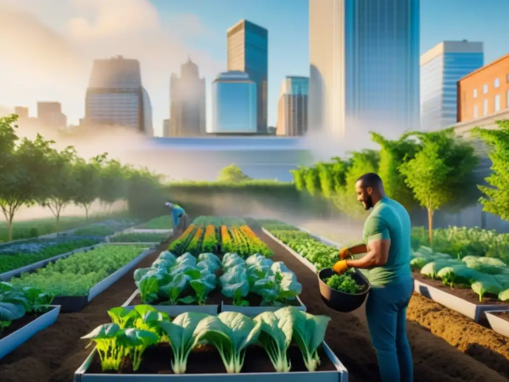 Una comunidad diversa colabora en un jardín urbano, simbolizando la agricultura urbana sostenible entre edificios y vegetación