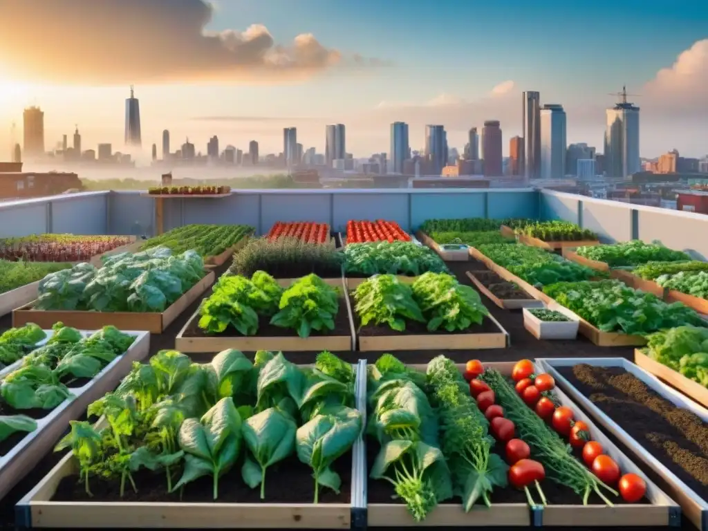 Una comunidad diversa cultiva un jardín urbano vibrante al atardecer, simbolizando la unión en la agricultura urbana sostenible comunidades