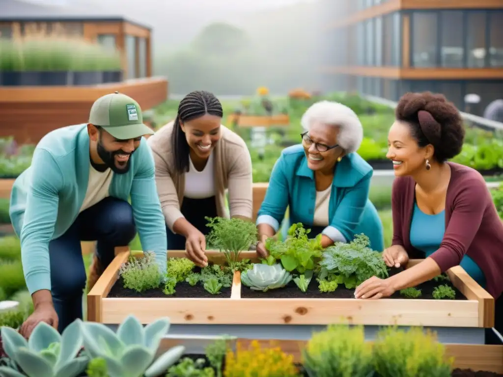 Comunidad diversa construye jardín verde en centro comunitario