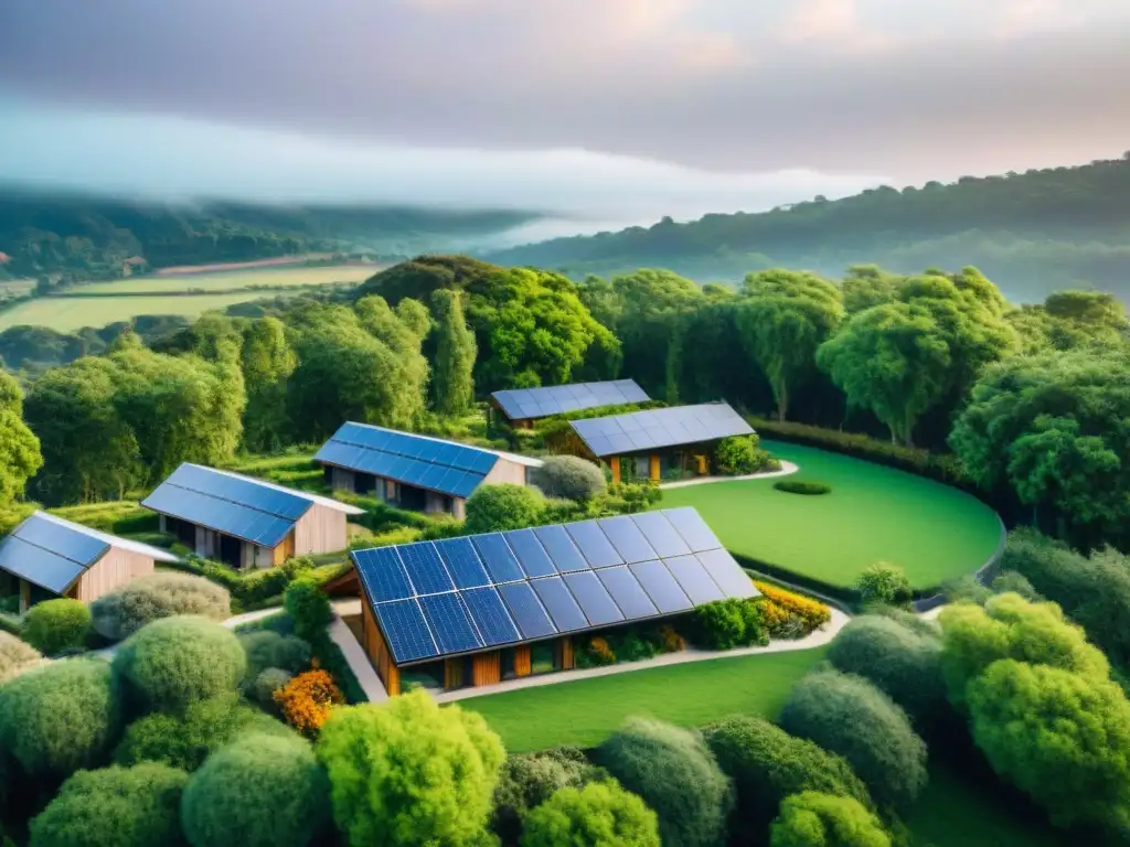 Una comunidad eco-amigable con paneles solares y espacios verdes, simbolizando la armonía entre naturaleza y tecnología