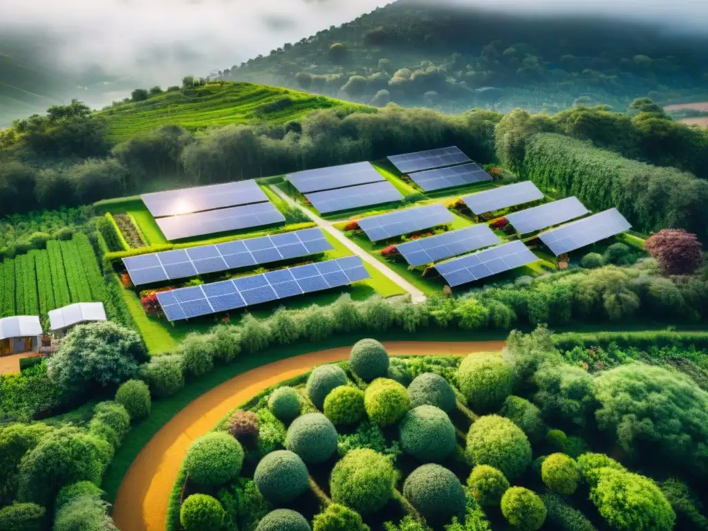 Comunidad ecológica integrada con la naturaleza, familias felices en jardines y paneles solares brillantes