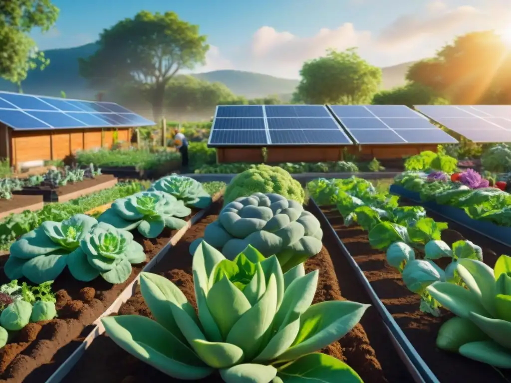 Una comunidad jardinera vibrante y unida, sustentable y autosuficiente, con paneles solares brillantes al fondo