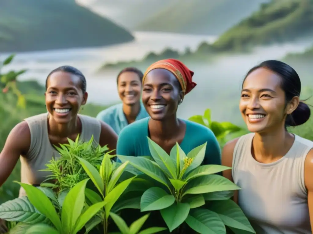 Comunidad local disfrutando de proyecto ecológico en bello paisaje verde