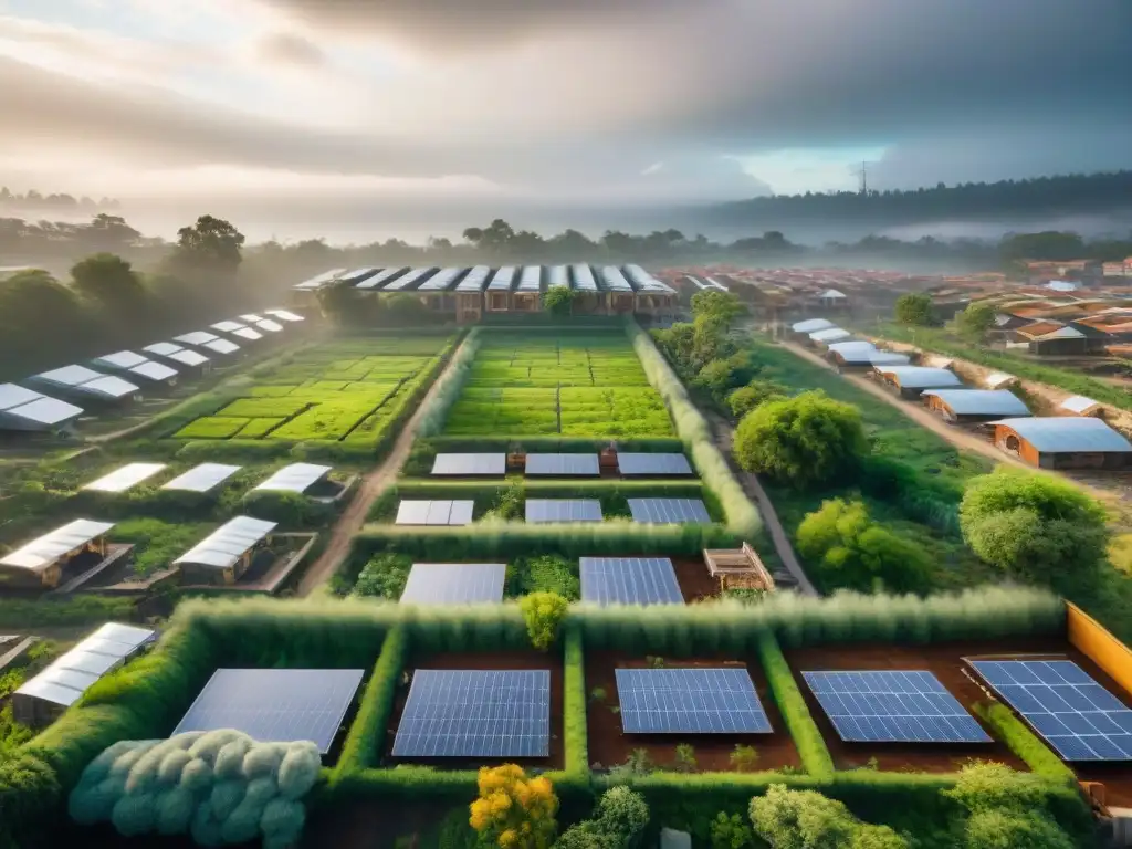 Una comunidad marginal transformada por la arquitectura verde: techos ecológicos, paneles solares, jardines comunitarios y esperanza en cada rincón