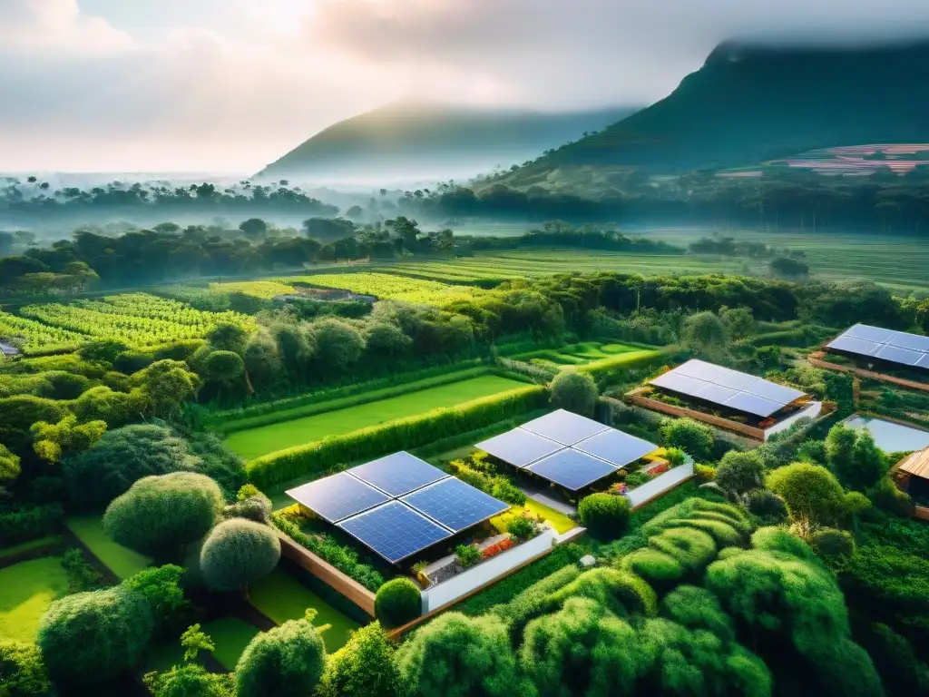 Una comunidad ecológica moderna entre vegetación exuberante, con paneles solares brillantes y familias disfrutando al aire libre