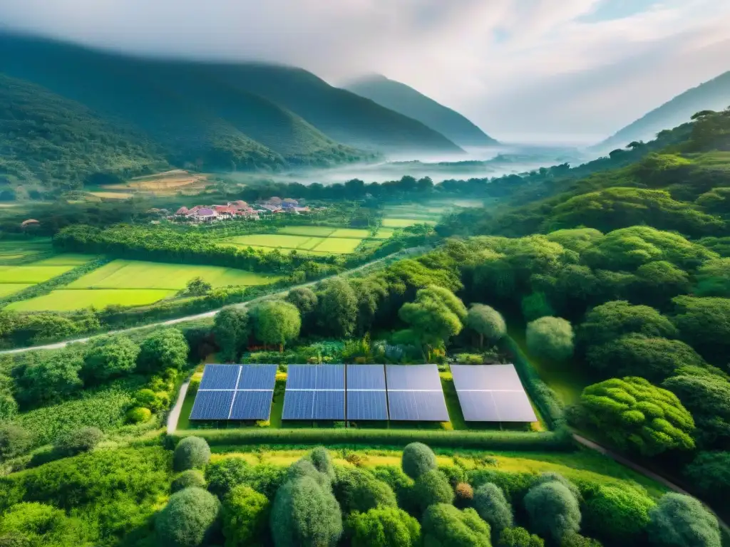 Comunidad ecológica en bosque con paneles solares, recolección de agua y actividades al aire libre