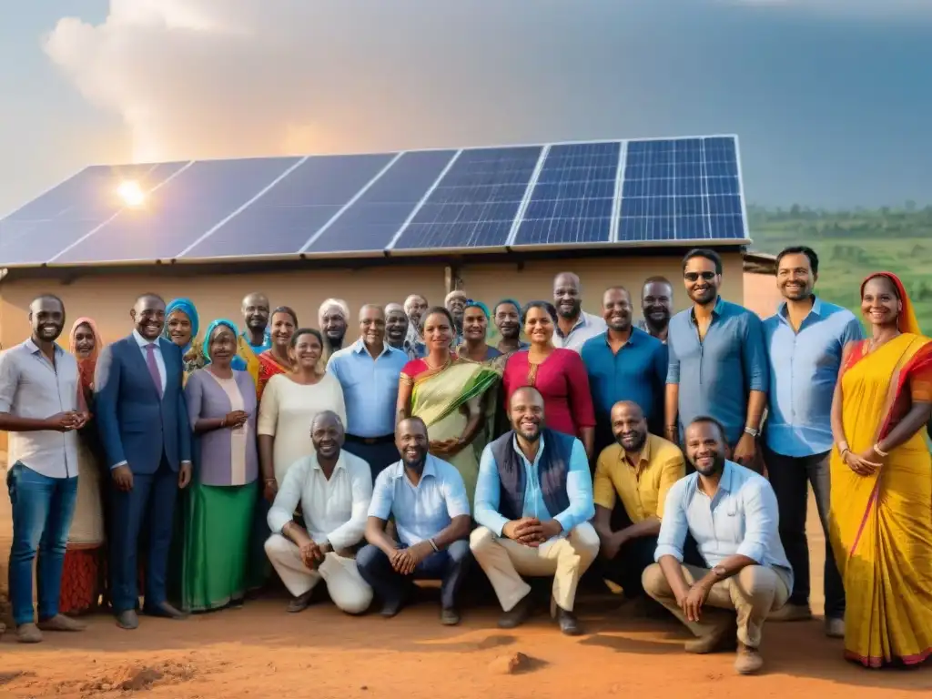 Comunidad reunida alrededor de microredes sostenibles para comunidades eco, con un atardecer cálido de fondo, mostrando esperanza y transformación