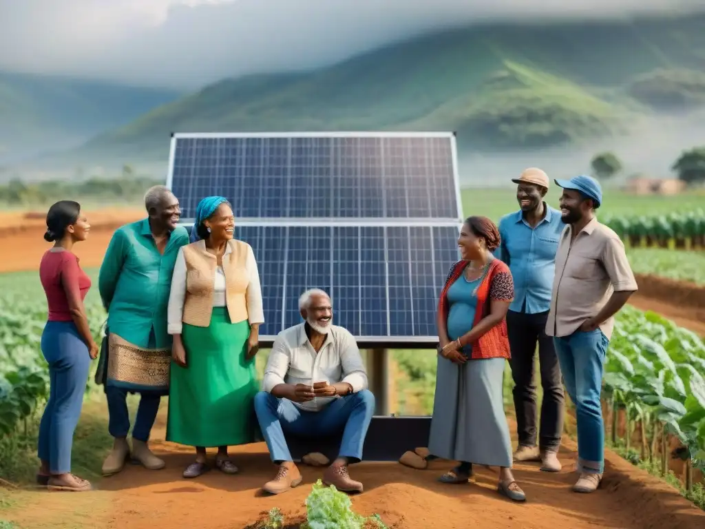 Comunidad rural empoderada por paneles solares en un campo soleado