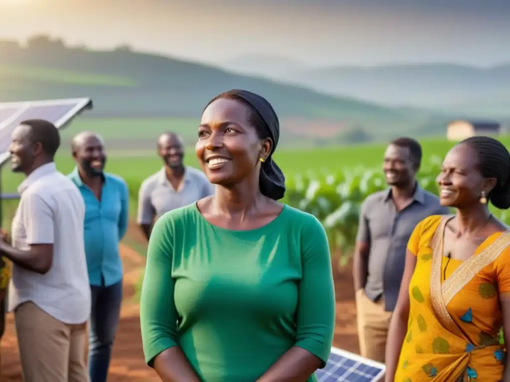 Una comunidad rural se reúne alrededor de una instalación de paneles solares, transmitiendo esperanza y empoderamiento