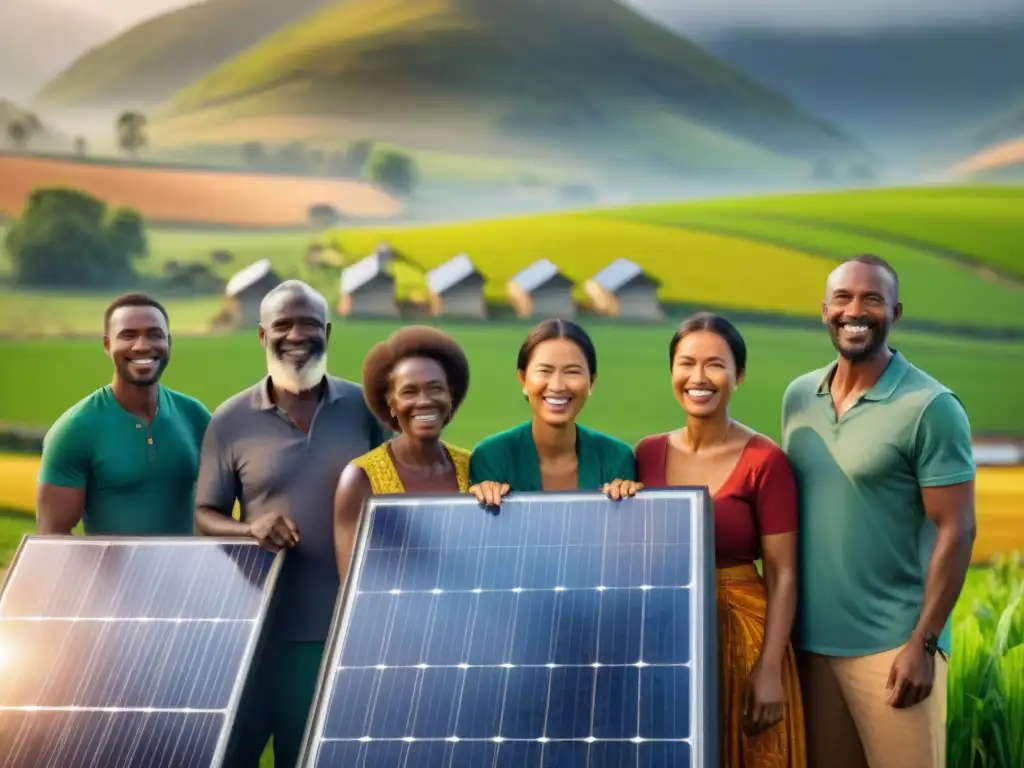 Comunidad sonriente reunida alrededor de instalación de paneles solares en paisaje rural