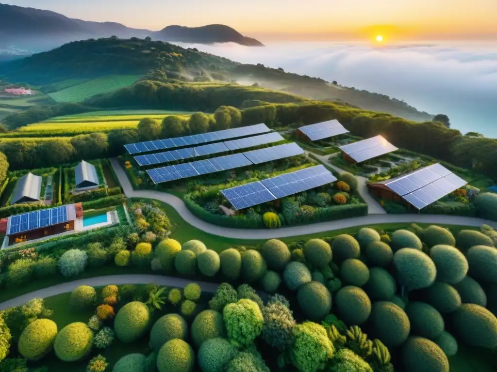 Comunidad sostenible: armonía entre naturaleza y vida eco en atardecer Una comunidad sostenible liderando en armonía con la naturaleza al atardecer