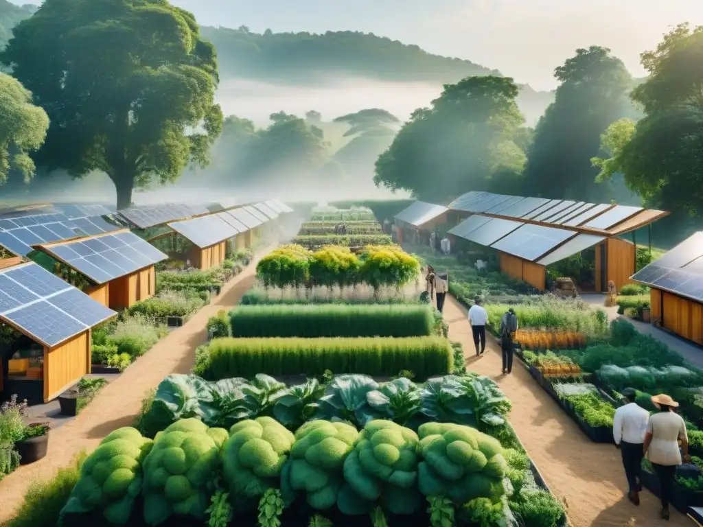 Una comunidad sostenible y autosuficiente entre la exuberante vegetación, con paneles solares brillando en los techos