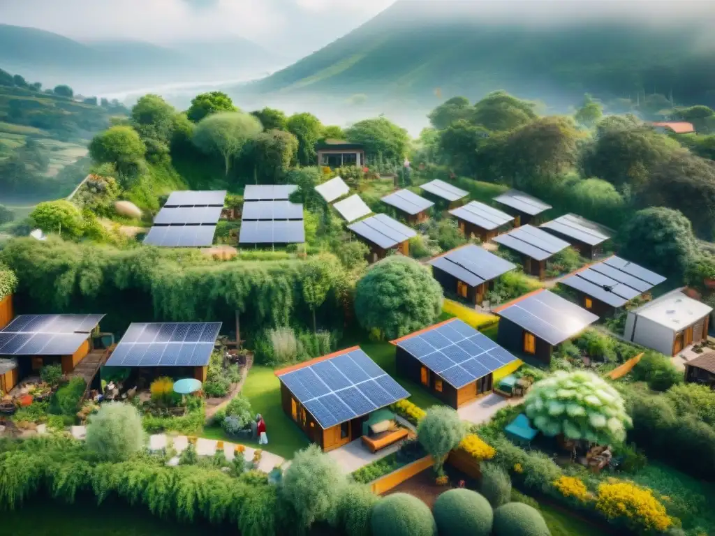 Comunidad sostenible con casas ecológicas, diseño sostenible, paneles solares y jardines comunitarios en armonía con la naturaleza