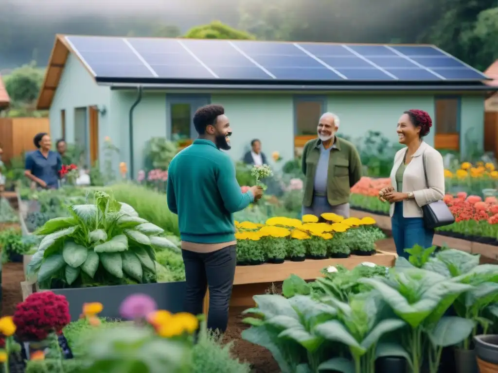 Comunidad sostenible: jardín colaborativo y diversidad Una comunidad sostenible donde todos participan en el cuidado del jardín y comparten conocimientos, con un enfoque en la colaboración y diversidad