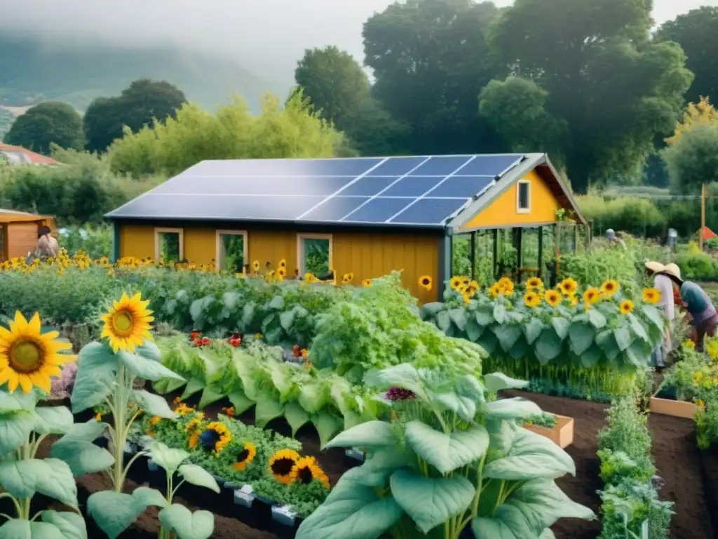 Una comunidad sostenible y diversa cultiva frutas, verduras y flores juntos