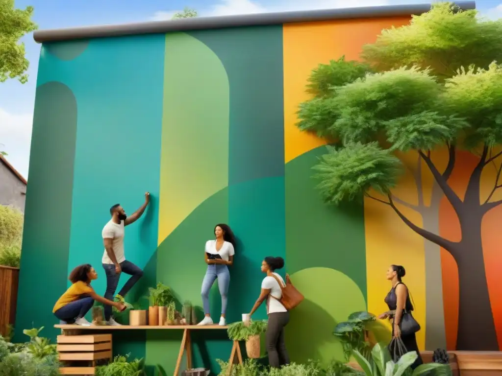 Una comunidad sostenible y diversa colabora en un mural ecológico, uniendo arte, naturaleza y diseño