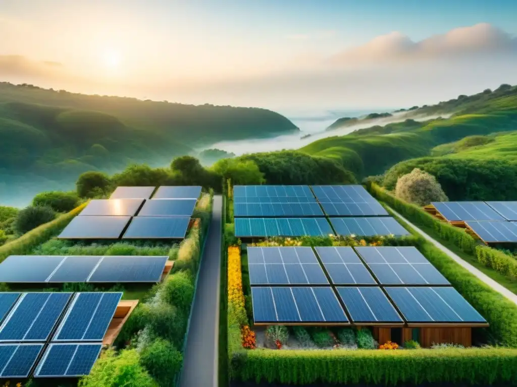 Una comunidad sostenible y diversa entre la naturaleza, con paneles solares y prácticas ecoamigables