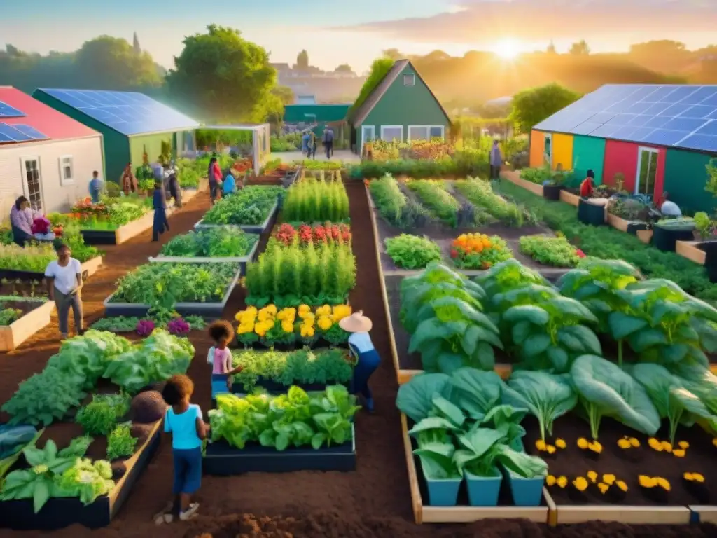 Comunidad sostenible con diversidad de residentes cuidando frutas y verduras al atardecer