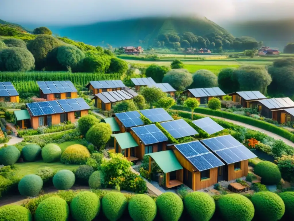 Una comunidad sostenible del futuro: casas ecológicas con paneles solares, espacios verdes, residentes en bicicleta y jardín comunitario