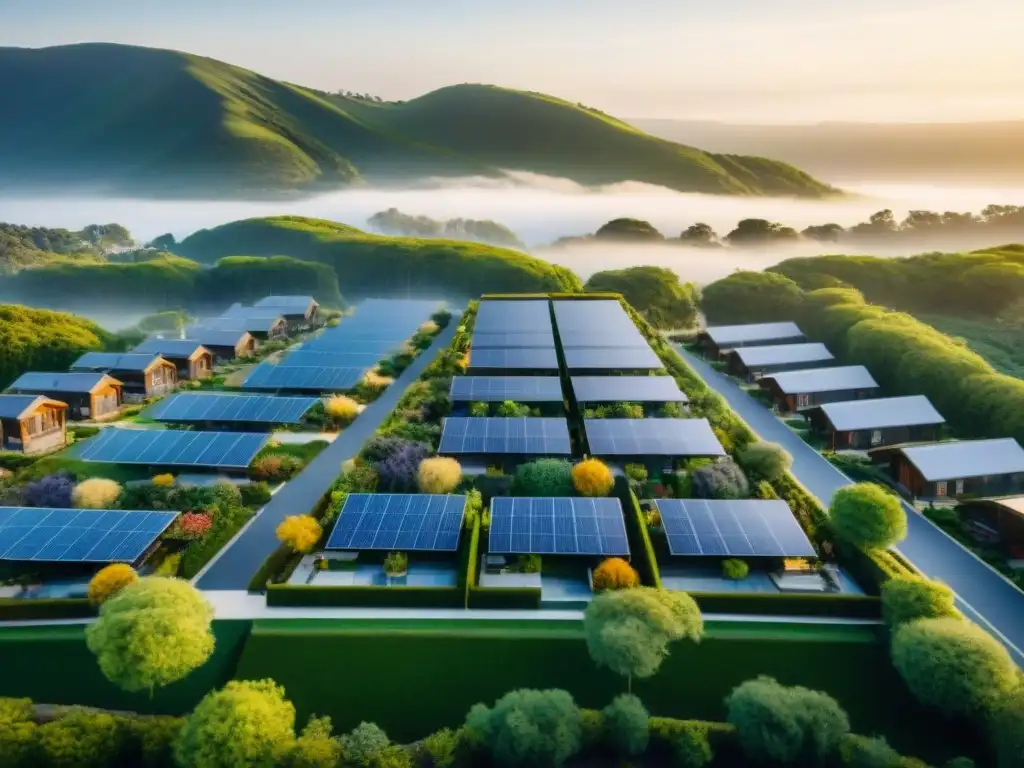 Una comunidad sostenible del futuro: hogares ecoamigables con paneles solares y jardines, resaltando armonía y modernidad