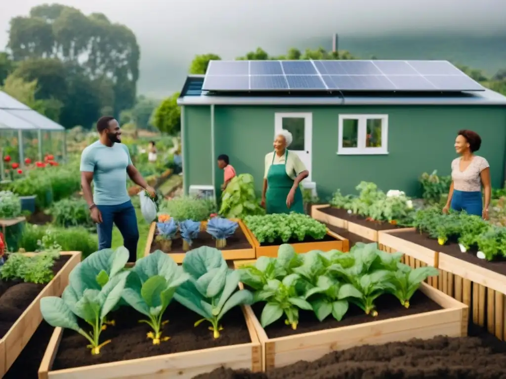 Comunidad sostenible cultivando juntos en un jardín lleno de vida