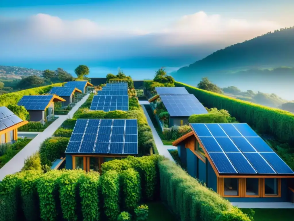 Comunidad sostenible con paneles solares, jardines verdes y residentes en armonía con la naturaleza