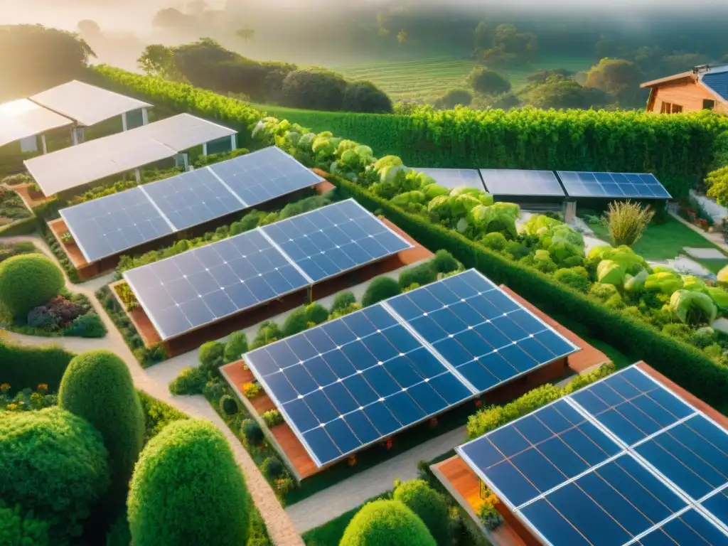 Una comunidad sostenible con paneles solares, jardines verdes y huerto comunitario