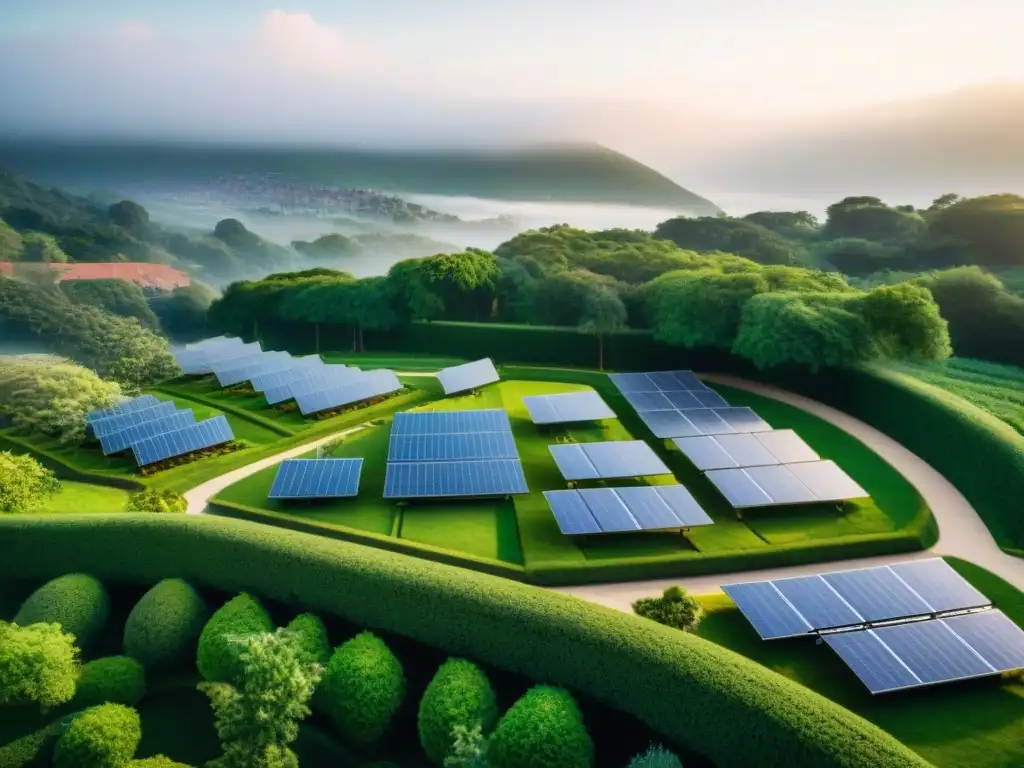 Una comunidad sostenible con paneles solares, zonas verdes y residentes comprometidos en actividades ecológicas