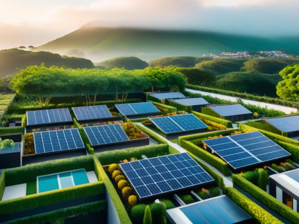 Una comunidad sostenible con paneles solares, jardines verdes y familias disfrutando de espacios comunes