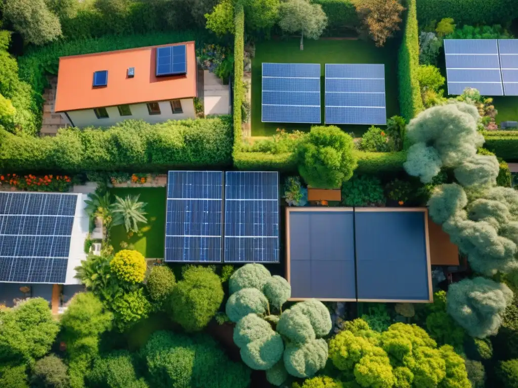 Comunidad sostenible integrada con la naturaleza Una comunidad sostenible rodeada de vegetación, paneles solares y un jardín comunitario