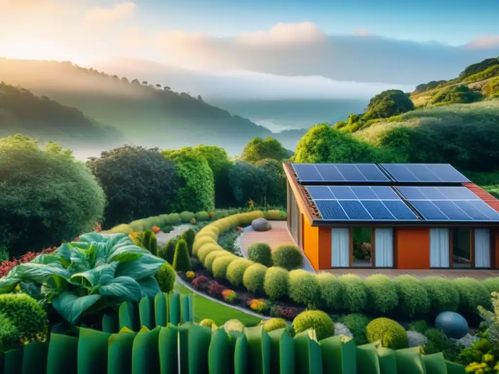 Una comunidad sostenible rodeada de jardines verdes y paneles solares, destacando las Cooperativas de crédito hipotecario ecológicas