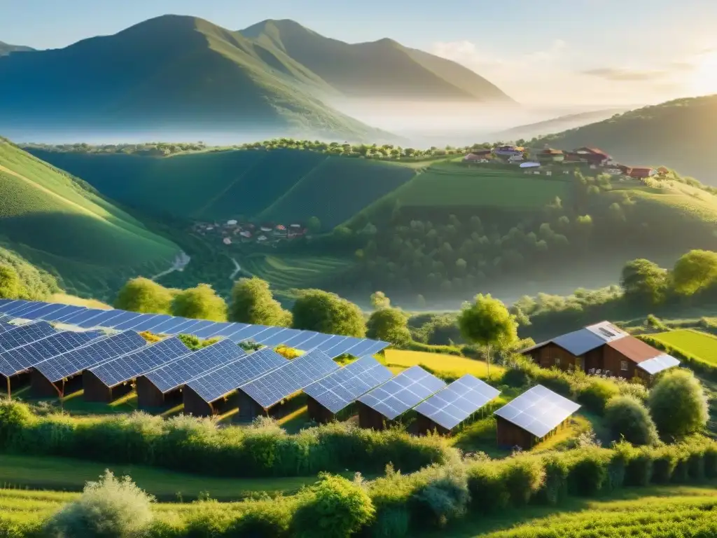 Comunidad sostenible en valle verde con bioconstrucción y crisis climática