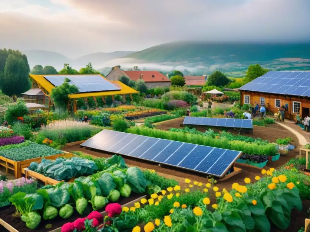 Una comunidad sostenible para vida ecológica: jardín vibrante y diverso, lleno de vida y color, personas cuidando plantas y cosechando