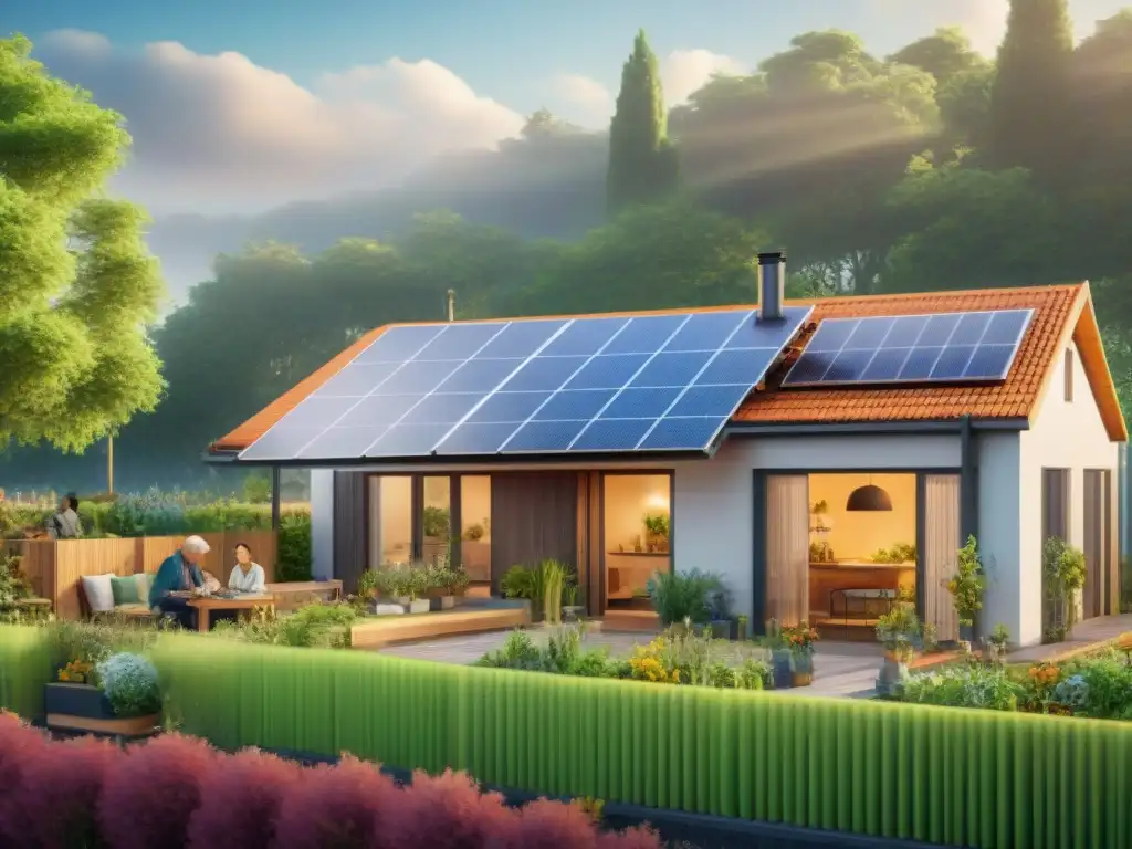 Comunidad sostenible: hogares ecoamigables y educación ambiental Una comunidad sostenible con viviendas ecoamigables, jardines verdes y actividades educativas sobre energía renovable y reciclaje
